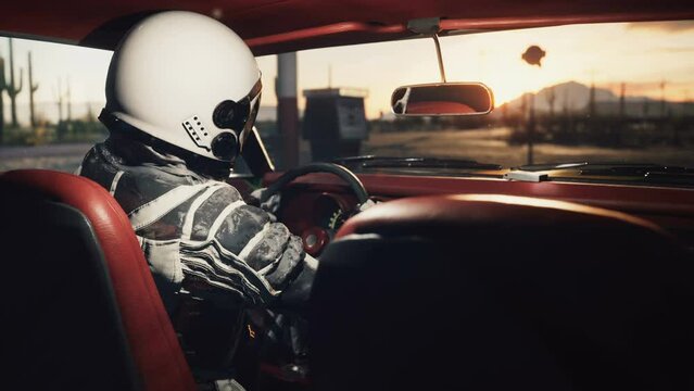An astronaut sitting in his retro car. Retro car for the astronaut. The animation is perfect for space, sci-fi backgrounds.