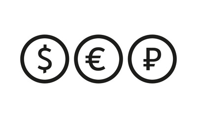 Currency symbols set icon. Dollar sign, euro, russian ruble, rub, money, banking, income, spending, cash, cashless payments. Financial management concept. Vector line icon for Business and Advertising