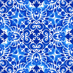 Abstract blue and white hand drawn tile seamless ornamental watercolor paint pattern.
