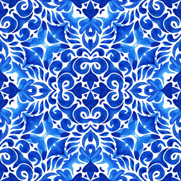 Abstract blue and white hand drawn tile seamless ornamental watercolor paint pattern.