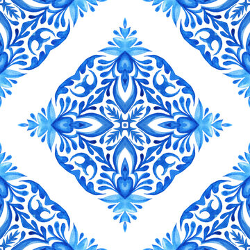 Watercolor paint seamless tiles design surface blue and white ornament