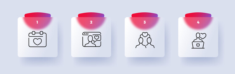 Online dating set icon. Hearts, calendar, distance, love, online, internet, feelings, personal data, date. Relationships concept. Glassmorphism. Vector line icon for Business and Advertising
