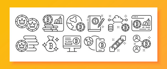 Bitcoin set icon. Financial management, exchange, online, internet, accounting, cloud storage features, coin, money bag, computer, blockchain, Cryptocurrency concept. Vector line icon for Business