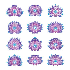 Set of ornamental  lotus flower patterns with third eye. Decoration in oriental, Indian style.