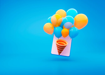 Phone with balloons of blue and yellow colors inserted into the popper flying out of the screen. For celebrate a birthday online. 3d rendering illustration a blue background.