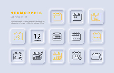 Calendars set icon. Add, plus, blank, planned event, share, notification, appointment, arrow, pencil, schedule, bell, digital, birthday. Planning concept. Neomorphism. Vector line icon for Business