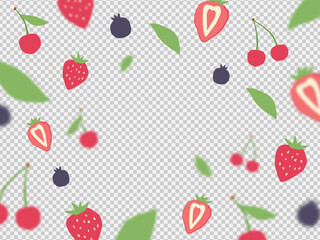 Falling berries with green leaves isolated on transparent background. Strawberry, cherry and blueberries. Perfect for juice packaning