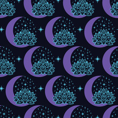 Lotus and crescent moon seamless pattern. Sacred Geometry background.