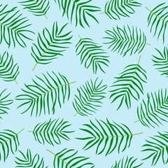 Palm leaves seamless pattern. Green plants on blue background