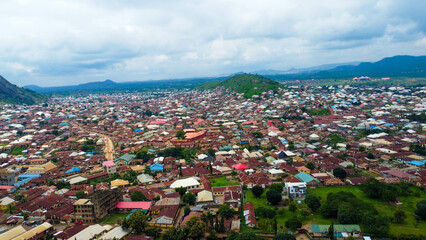 Fototapeta na wymiar scenic aerial view of ancient mountain town in Nigeria