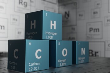 3d background of the elements of the periodic table, carbon, hydrogen, oxygen and nitrogen, science and engineering background