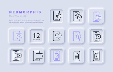 Phone applications set icon. Battery charge, discharged, electronic ticket, video, communication, message, alarm clock, cloud storage, settings. Technology concept. Neomorphism style. Vector line icon