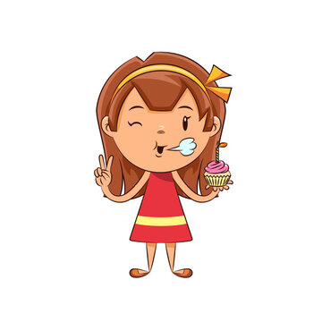Girl blowing out candle on cupcake, vector illustration