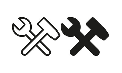 Hammer and wrench set icon. Tools, mend, fix, repair, build, construct, builder, technology, worker, service, engineer. Construction concept. Vector line icon for Business and Advertising