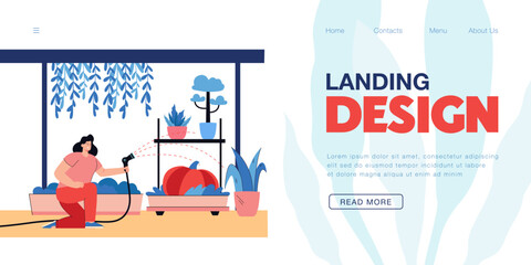 Gardener watering plants with greenhouse equipment. Woman growing flowers, greenery in farm garden of orangery with glass walls and window flat vector illustration. Conservatory, agriculture concept