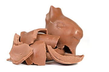 Zerbrochener Schokoladenhase vor weißem Hintergrund