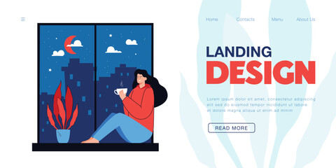 Woman drinking hot tea, sitting near window. Cute person enjoying beautiful moment and watching view of night city with modern buildings flat vector illustration. Lonely time at home, relax concept