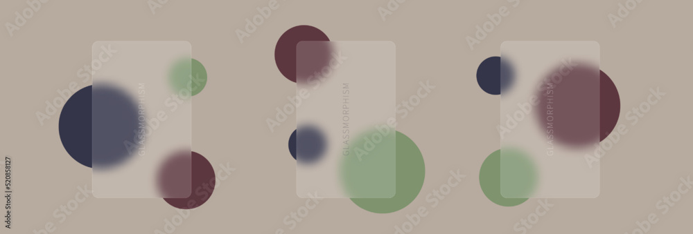 Poster Set of vertical transparent rectangles with glassmorphism effect. Vector matte plates with circles on the background with soft blur.