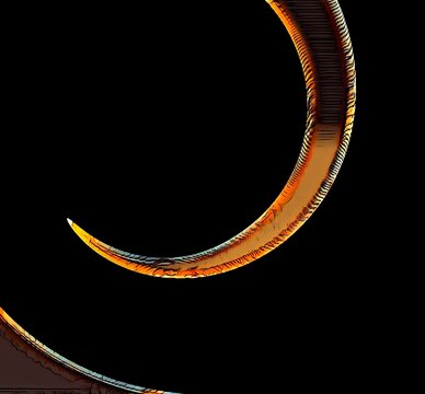 red hot curved metal scythe in bright orange yellow and gold against a plain black background