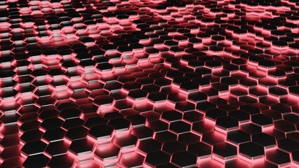 Hexagons in metal black color and red lights.Future style. 3D render 