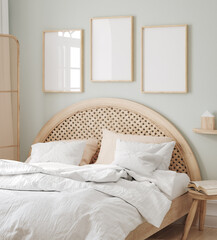 Mock up frame in children room with natural wooden furniture, 3D render