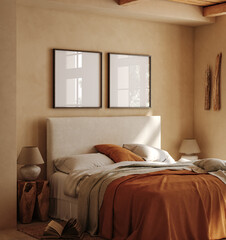 Frame mockup in contemporary nomadic home bedroom interior background, 3d render