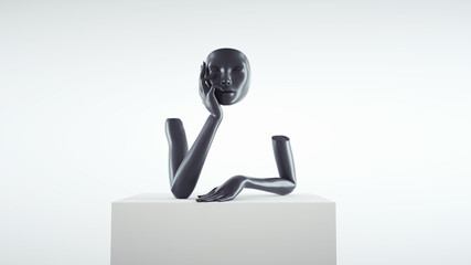 Abstract woman posing on a cube.Thoughtful and confusion concept.