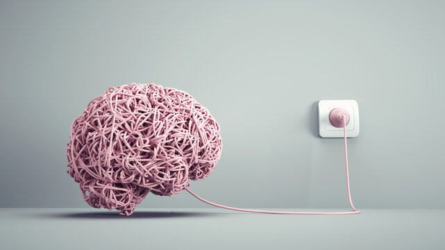 Brain made of wires plugged in . Mental health and recovery concept .