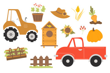 Farming collection. Tractor and car truck, potted seedlings, beehive, sunflower, straw hat and pumpkin, carrot bed, greenhouse with plants and wooden fence. Vector illustration. isolated elements.