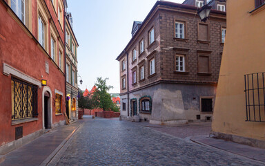 Warsaw. Old street in the center of the old city in the early morning.