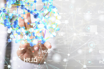 Molecular background with DNA. Network with connecting dots and lines.