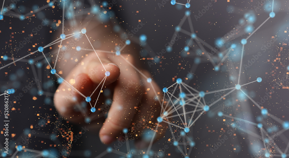 Aufkleber Global network. Blockchain. 3D illustration. Neural networks and artificial intelligence. Abstract
