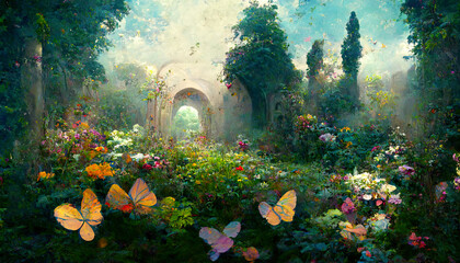 A beautiful secret fairytale garden with flower arches and colorful greenery. Digital Painting Background, Illustration - obrazy, fototapety, plakaty