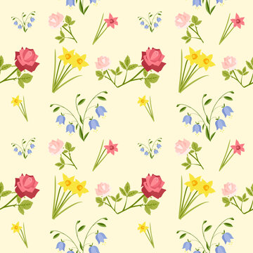 Seamless background flowers rose, bell, daffodils. Floral background for fashion, wallpaper, print. Pasaic pattern of many different colors. Trendy floral design
