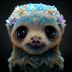 Fototapeta premium Fantasy fairy tale sloth in a magical enchanted place. Artistic abstract cute animal. Perfect for phone wallpaper or for posters. 3D rendering.