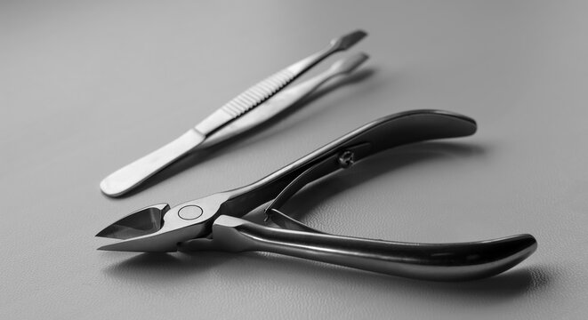Nail clippers made of steel in the foreground and stainless steel tweezers in the background, textured surface, selective focus, close-up, monochrome panoramic image