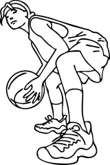 Basketball player playing with ball. Healthy funny sport activity. Trendy jumping fitness exercises for young people. Fashion sportswear. Hand drawn vector illustration. Cartoon line character drawing