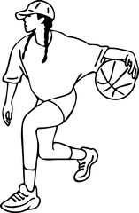 Basketball player playing with ball. Healthy funny sport activity. Trendy jumping fitness exercises for young people. Fashion sportswear. Hand drawn vector illustration. Cartoon line character drawing