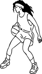 Fototapeta na wymiar Basketball player playing with ball. Healthy funny sport activity. Trendy jumping fitness exercises for young people. Fashion sportswear. Hand drawn vector illustration. Cartoon line character drawing