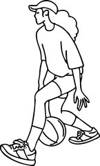 Basketball player playing with ball. Healthy funny sport activity. Trendy jumping fitness exercises for young people. Fashion sportswear. Hand drawn vector illustration. Cartoon line character drawing