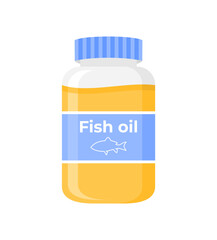 Liquid omega 3 fish oil in a transparent bottle. Flat vector illustration