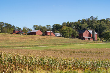 Farm buildings surrounded by woods on a hill across a field in Amish country, Ohio