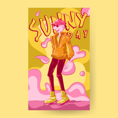 comic character on sunny day poster with vector illustration vertical format warm colors