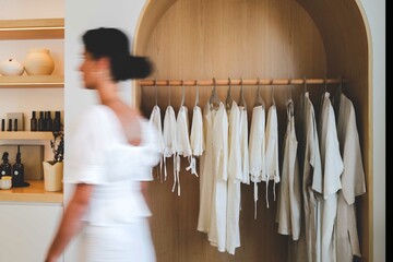 Blurred Sillhouette of a woman passing through neutral colored shop