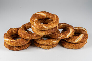 Turkish Bagel Simit with sesame, traditional pastry of Turkey.Traditional street food for Turkey , Turkish names ' simit or gevrek'.