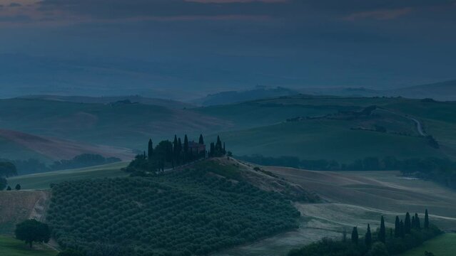 Night to Day Time Lapse of Tuscany valley, Val d&rsquo;Orcia, Tuscany, Italy