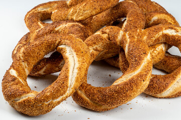 Turkish Bagel Simit with sesame, traditional pastry of Turkey.Traditional street food for Turkey , Turkish names ' simit or gevrek'.