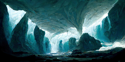 A beautiful landscape inside a large ice cave under a glacier. Digital Painting Background, Illustration