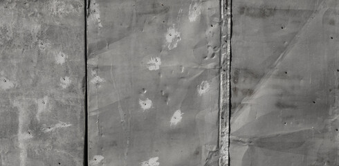 Old steel texture, three metal sheets with buttons, roughness and scratches. Grey grunge background for design