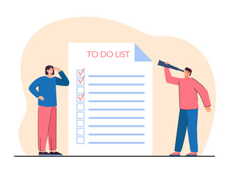 Male and female workers with to do list on huge sheet of paper. Cartoon people and checklist with tasks flat vector illustration. Time management, organization concept for banner or landing web page